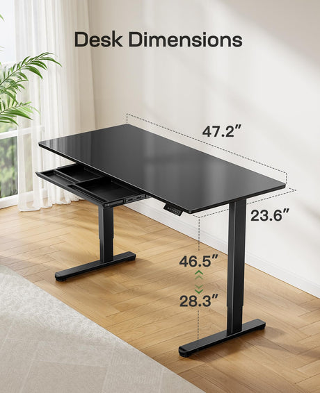 Marsail Glass Electric Standing Desk with Drawer, 48 x 24 Inches Height-Adjustable Desk, One-Piece Tempered Glass Top, Ergonomic Home Office Sit Stand Desk with 4 Preset Heights, Black Marsail