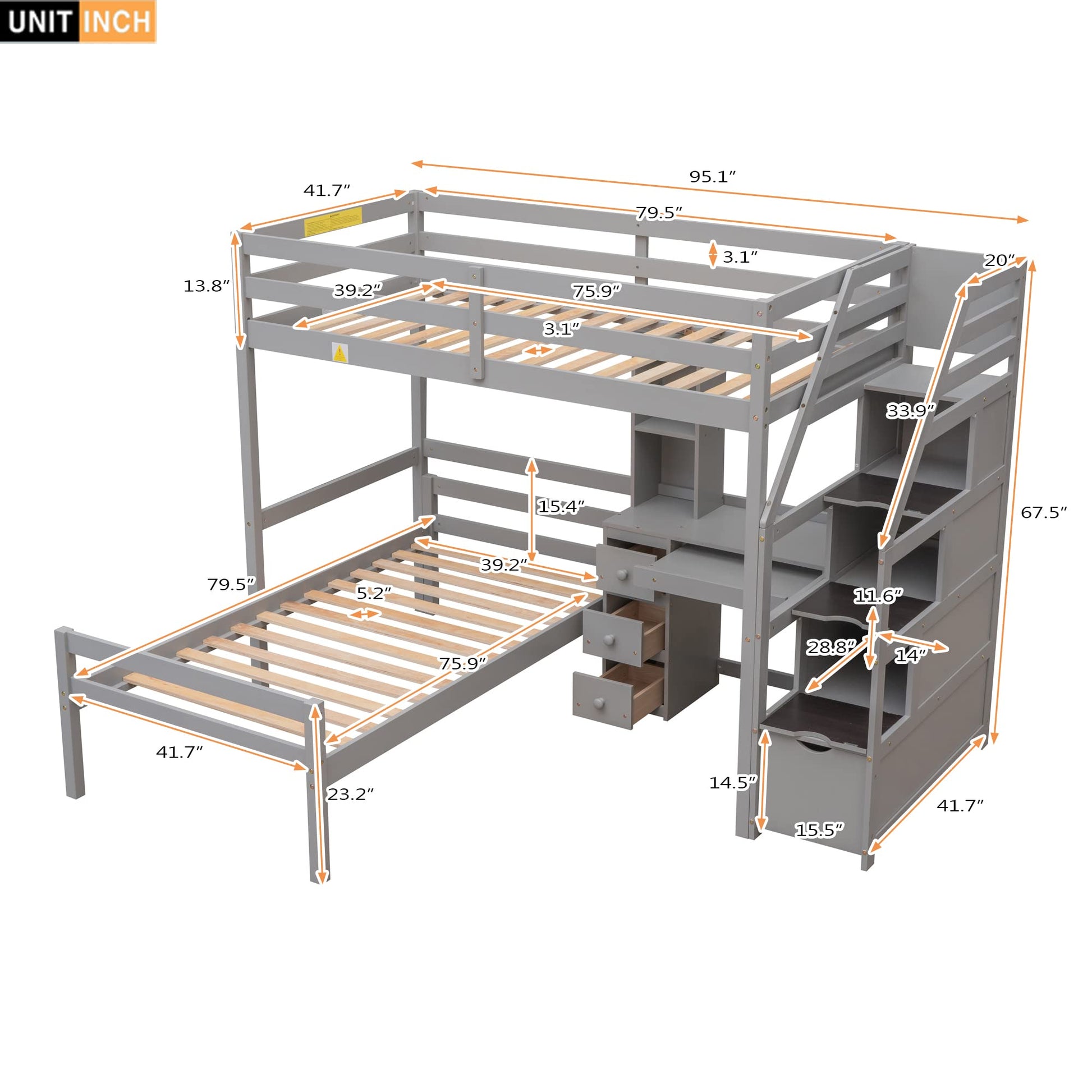 Harper & Bright Designs Twin Loft Bed with Storage Stairs, Desk and Removable Bottom Bed – Grey - WoodArtSupply