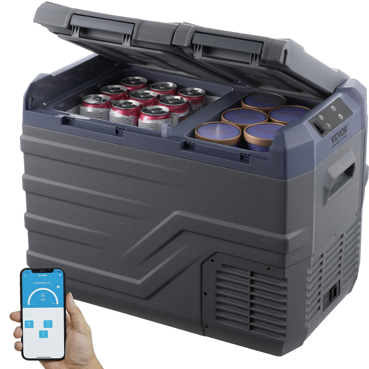 VEVOR NLS45, 12 Volt Car Refrigerator Fridge, 32 L Dual Zone Portable Freezer, -4℉-68℉ Adjustable Range, 12/24V DC and 100-240V AC Compressor Cooler for Outdoor, Camping, RV, Bule and grey VEVOR
