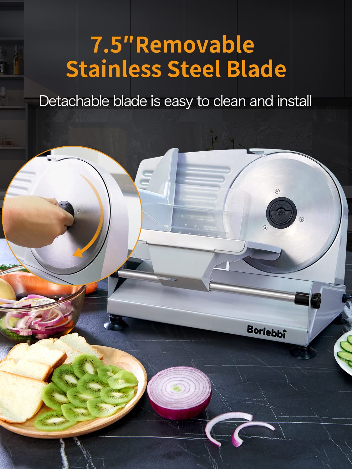 Meat Slicer, 200W Electric Food Slicer with 2 Removable 7.5" Stainless Steel Blades and Stainless Steel Tray, Child Lock Protection, Adjustable Thickness, Food Slicer Machine for Meat Cheese Bread Borlebbi