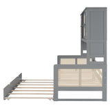 RuiSiSi Twin Size Daybed with Trundle & Storage, Solid Wood Corner Bed with Bookcase Headboard and Cabinets, Rattan Style Twin Day Bed Frame for Kids Teens Adults, Grey RuiSiSi