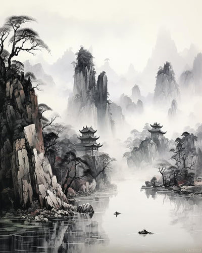 QACEYID Paint by Number Kits Chinese Style Ink Landscape Painting Canvas DIY Oil Painting for Adults Beginner with Brushes and Acrylic Color 16 x 20 inch (Without Frame)