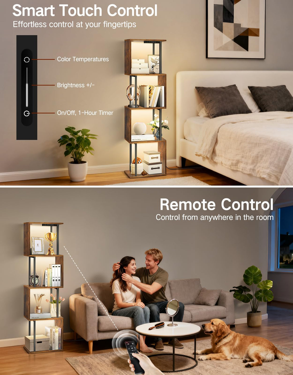 OUTONLIFE 5 Tier S-Shaped Geometric Bookshelf with LED Light, 3 Color Temperatures, Touch & Remote Control, Dimmable Standing Bookcase, Small Display Shelf for Living Room, Bedroom, Office OUTONLIFE