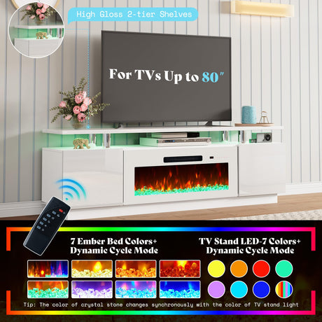 AMERLIFE 5 Piece Modern Living Room Table Set, Includes 70" Fireplace TV Stand, 2-Tier Coffee Table, 2 X Side Tables with Charging Station, LED Media Furniture, White AMERLIFE