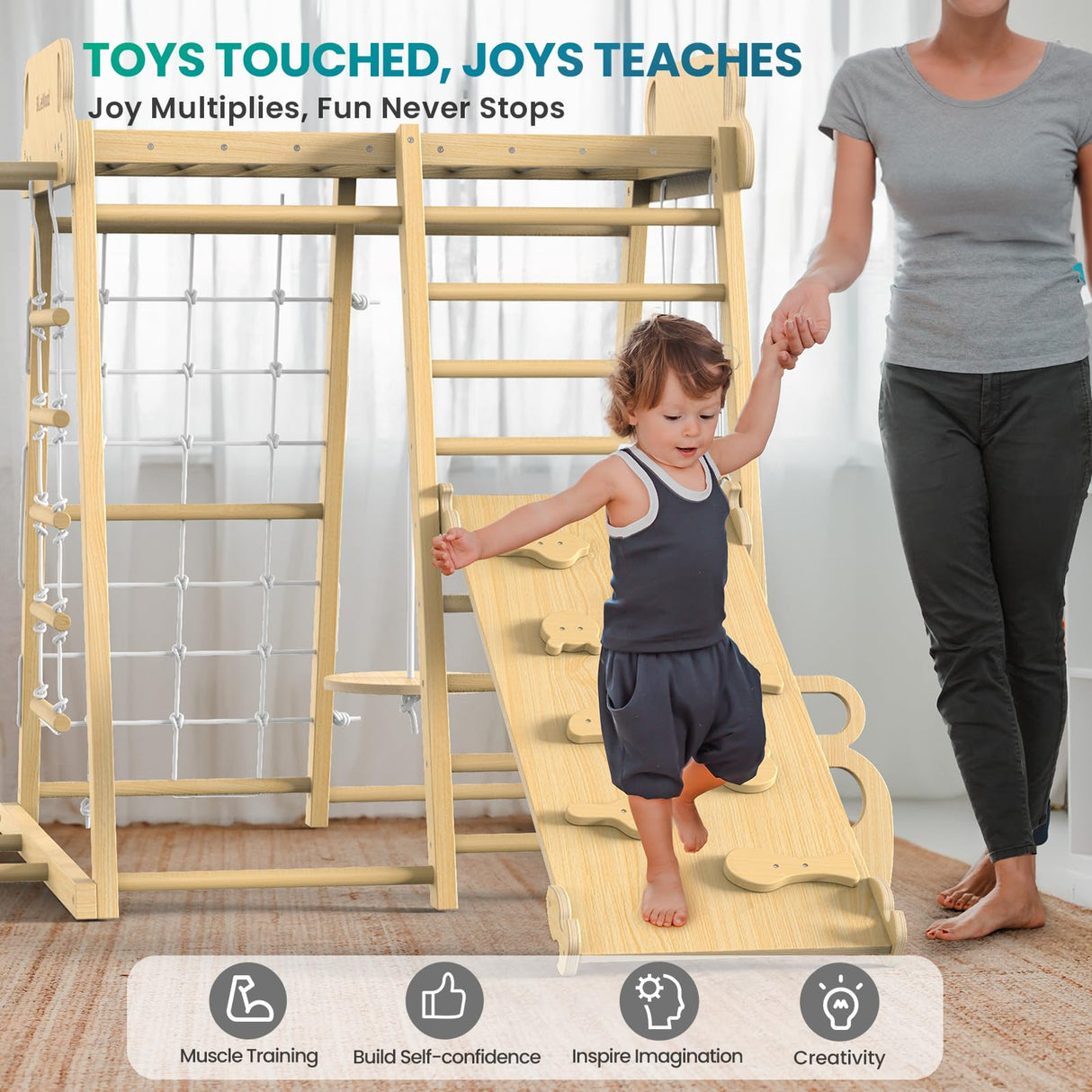 BlueWood Upgraded Indoor Playground 9-in-1 Jungle Gym Kids Climbing Toys, Waldorf Style Wooden Climber Playset with Slide, Swing, Monkey Bars, Upright/Rope Ladder, Climb Net, Natural Wood BlueWood