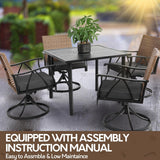Andehomy 5-Piece Patio Dining Set for 4，Outdoor Dining Set with Wicker Swivel Patio Dining Chairs with Cushions & 1 Black Square Woodgrain Dining Table with 1.75”Market Umbrella Hole, Black & Brown Andehomy