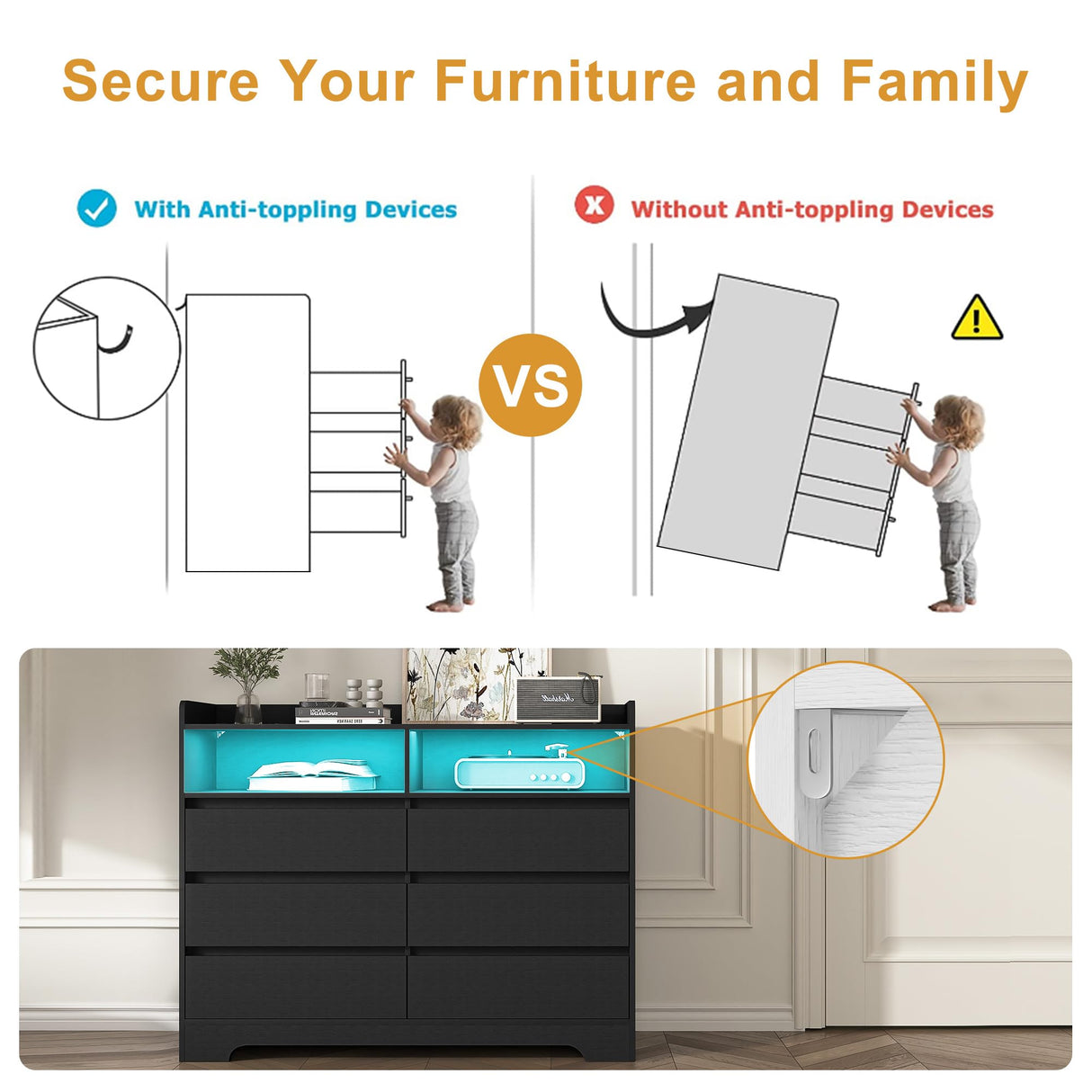 Spaco Black Dresser for Bedroom, 6 Drawer Dresser with LED Lights and 2 Cubby,Chest of Drawers,Wood Dresser,Dresser Bedroom Furniture,Wide TV Stand Dresser for Kid's Room,Nursery Spaco