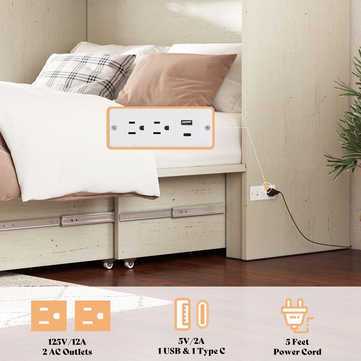 AMERLIFE Full Murphy Bed with Storage & Charging Station, Farmhouse Murphy Cabinet with Foldable Panel, Noisy Free, for Guest Bedroom, Living Room, Office, Distressed White & Barnwood AMERLIFE