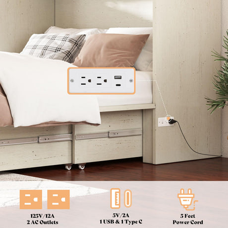 AMERLIFE Queen Murphy Bed with Storage & Charging Station, Farmhouse Murphy Cabinet with Foldable Panel, Noisy Free, for Guest Bedroom, Living Room, Office, Distressed White & Barnwood AMERLIFE