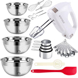WEPSEN 5-Speed Electric Hand Mixer, 4 Large Mixing Bowls Set, Handheld Mixers with Whisks Beater, Stainless Steel Metal Nesting Bowl Measuring Cups Spoons Kitchen Cake Blender for Baking Supplies WEPSEN