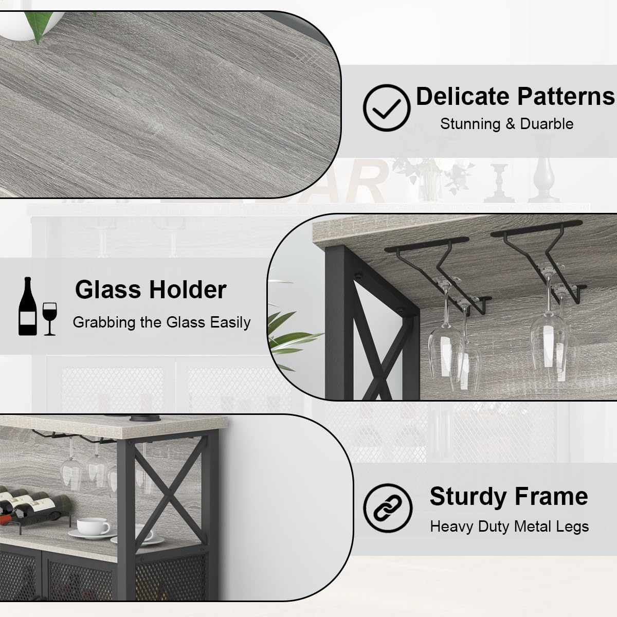 LVB Liquor Home/ Coffee Bar Cabinet, Industrial Farmhouse Modern Sideboard Buffet Cabinet for liquor and glasses with Wine Rack Storage for Kitchen Dining Living Room, Light Grey Oak 47 in LVB