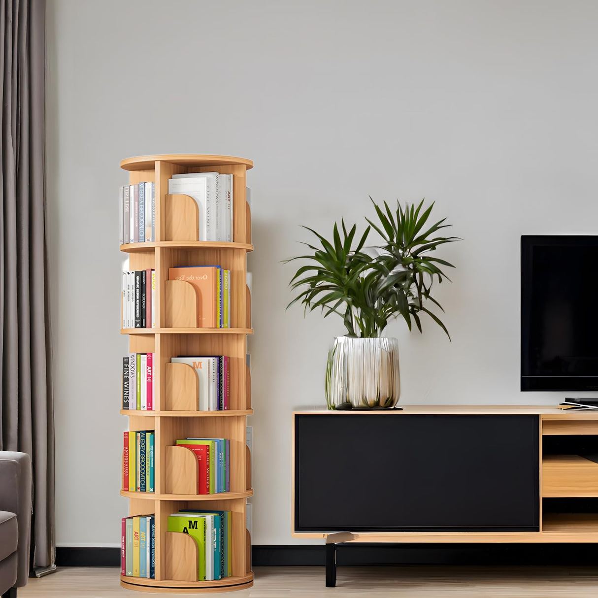 Feuusec Solid Wood Rotating Bookshelf Tower, 5 Tier 360° Display Stackable Spinning Bookshelf for Kids & Adults, Corner Bookshelf for Small Space, Narrow Book Shelf Organizer Feuusec