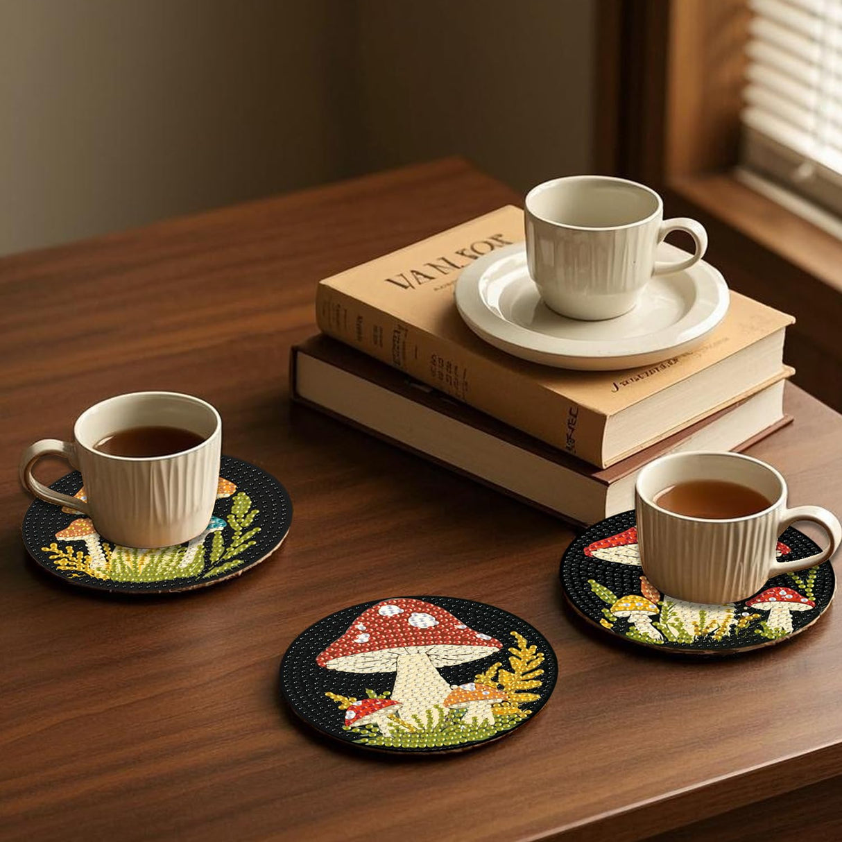 EWJRNSF 6 PCS 5D Diamond Painting Coasters Kits with Holder, Small Diamond Art Kits for Adults Beginners Diamond Dots Arts and Crafts Gems Supplies Item Mushroom Shaped EWJRNSF