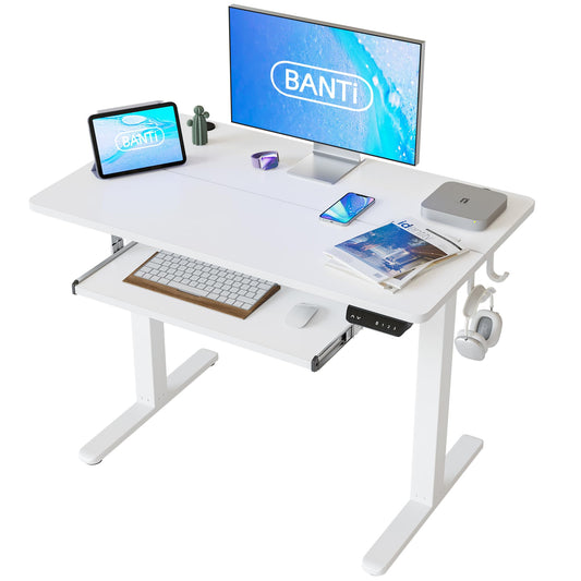 BANTI 40" x 24" Height Adjustable Electric Standing Desk with Keyboard Tray, Sit Stand up Desk with Splice Board, White Frame/White Top - WoodArtSupply