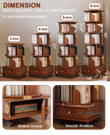 Rotating Bookshelf with Drawers On Wheel, 360° Display Spinning Corner Book Shelf Tower, 6 Tier Tall Narrow Bookshelves, Small Revolving Bookcase (Walnut, 6 Tier+Drawer) Breevia