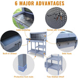 Outdoor Potting Bench Table,Garden Work Bench Metal Tabletop Horticulture with Shelf Rack Wooden Potting Benches for Outside with Holey Board/Hooks/Pads/Drawer/Adjustable and Cabinet,Gray Agitree