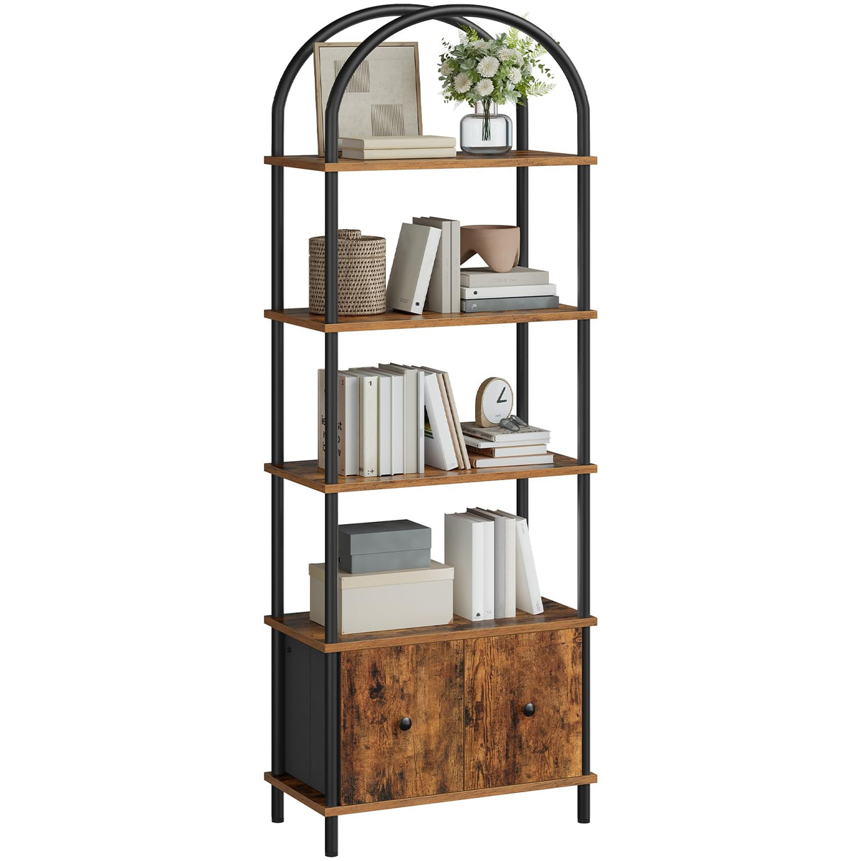 HOOBRO 5-Tier Bookshelf, Arched Bookcase with 2 Drawers, Tall Industrial Style Display Rack, Modern Standing Bookcase with Metal Frame for Office, Bedroom, Kitchen, Rustic Brown and Black BF175SJ01 HOOBRO