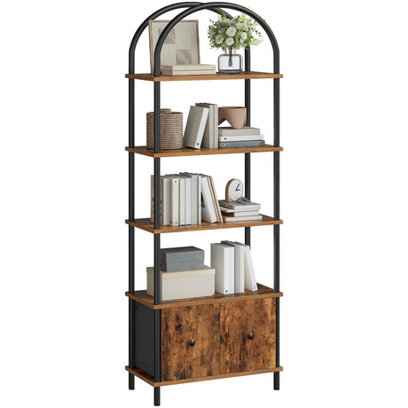 HOOBRO 5-Tier Bookshelf, Arched Bookcase with 2 Drawers, Tall Industrial Style Display Rack, Modern Standing Bookcase with Metal Frame for Office, Bedroom, Kitchen, Rustic Brown and Black BF175SJ01 HOOBRO