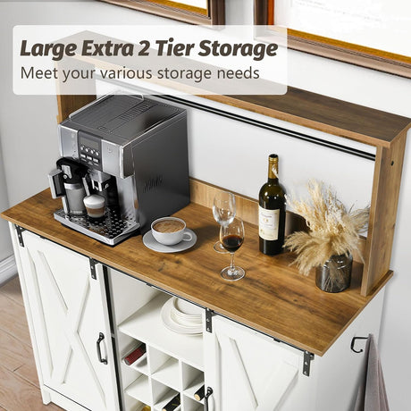 4ever2buy Farmhouse Coffee Bar Cabinet with Hutch, 47 Inch Buffet Cabinet with Storage, White Wine Bar with 9 Wine Racks and 6 Hooks, Coffee Bar Table with Adjustable Shelves for Living Dining Room 4ever2buy