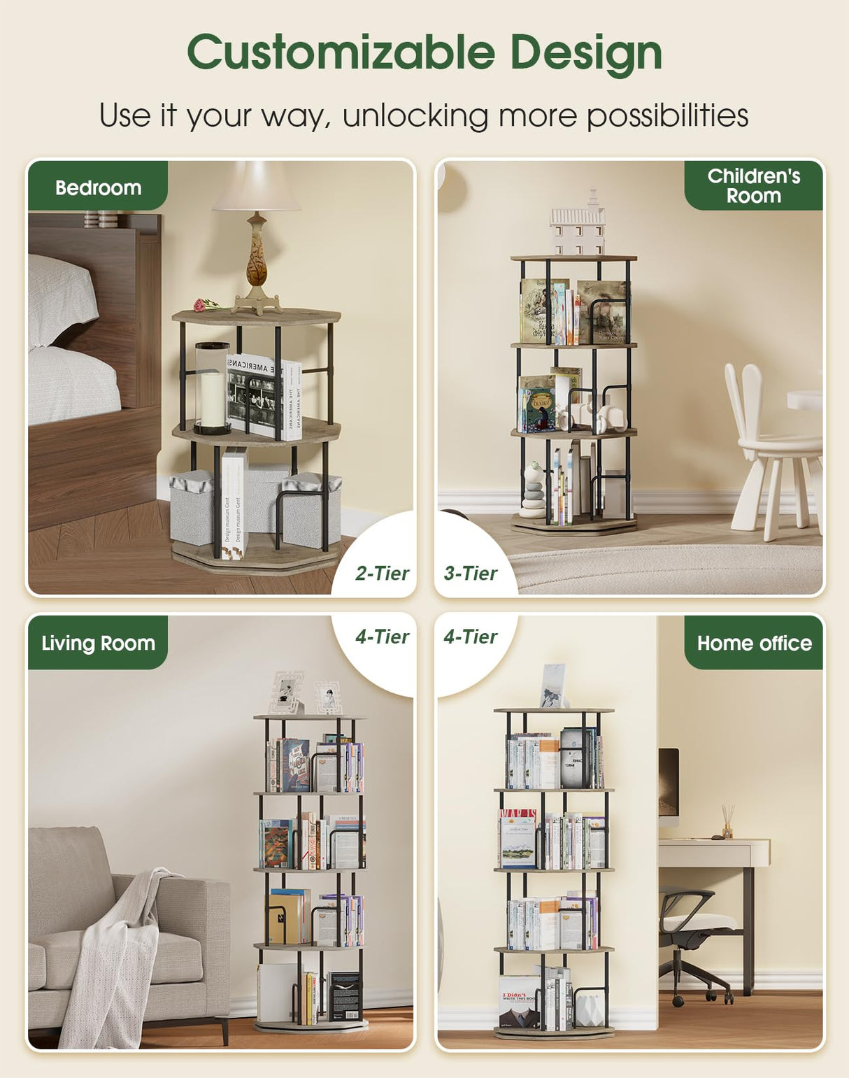 HOVANESTY Rotating Bookshelf, Spinning Bookshelf, 4 Tier 360 Display Freestanding Wood Rotating Bookcase for Kids Room, Living Room, Office, Bedroom, Study Room HOVANESTY