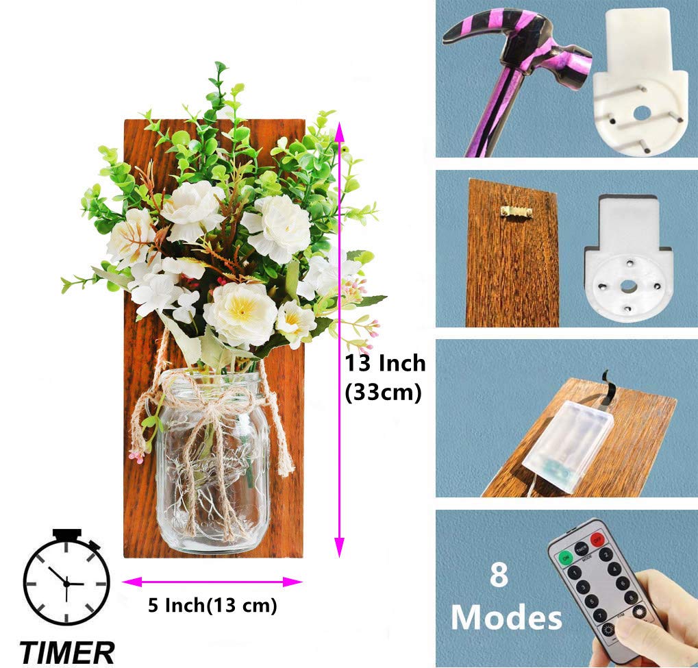 Rustic Home Decor Mason Jar Wall Sconces, Timer Led Fairy Lights and Flowers, Handmade Wood Art Goods Decor, Farmhouse Wall Decorations for Bathroom and Living Room - Set of 2 OCTMUSTARD
