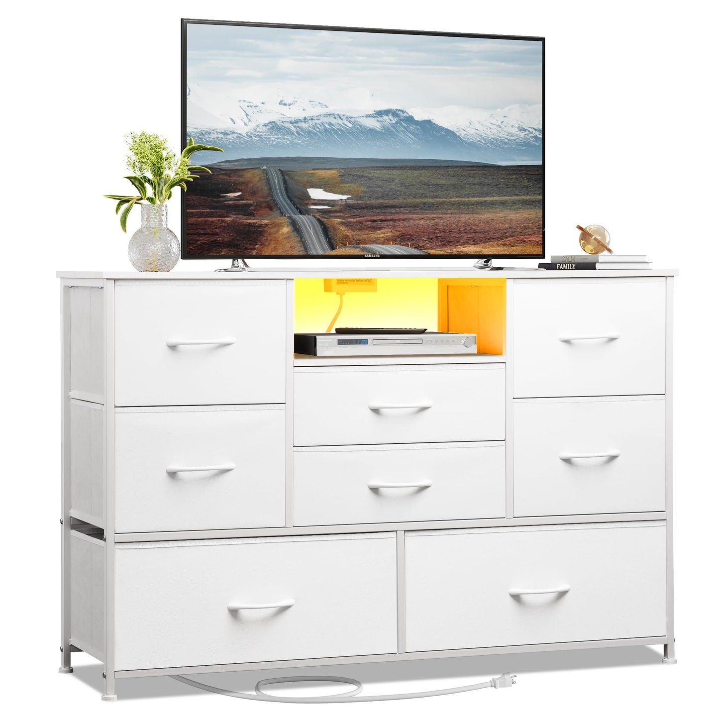 EKNKOZY Dresser TV Stand with 8 Drawers, Dresser TV Stand with LED Lights & Power Outlets, Bedroom Dresser, Chest of Drawers for 55'' Long TV, Wide Fabric Dresser (White)