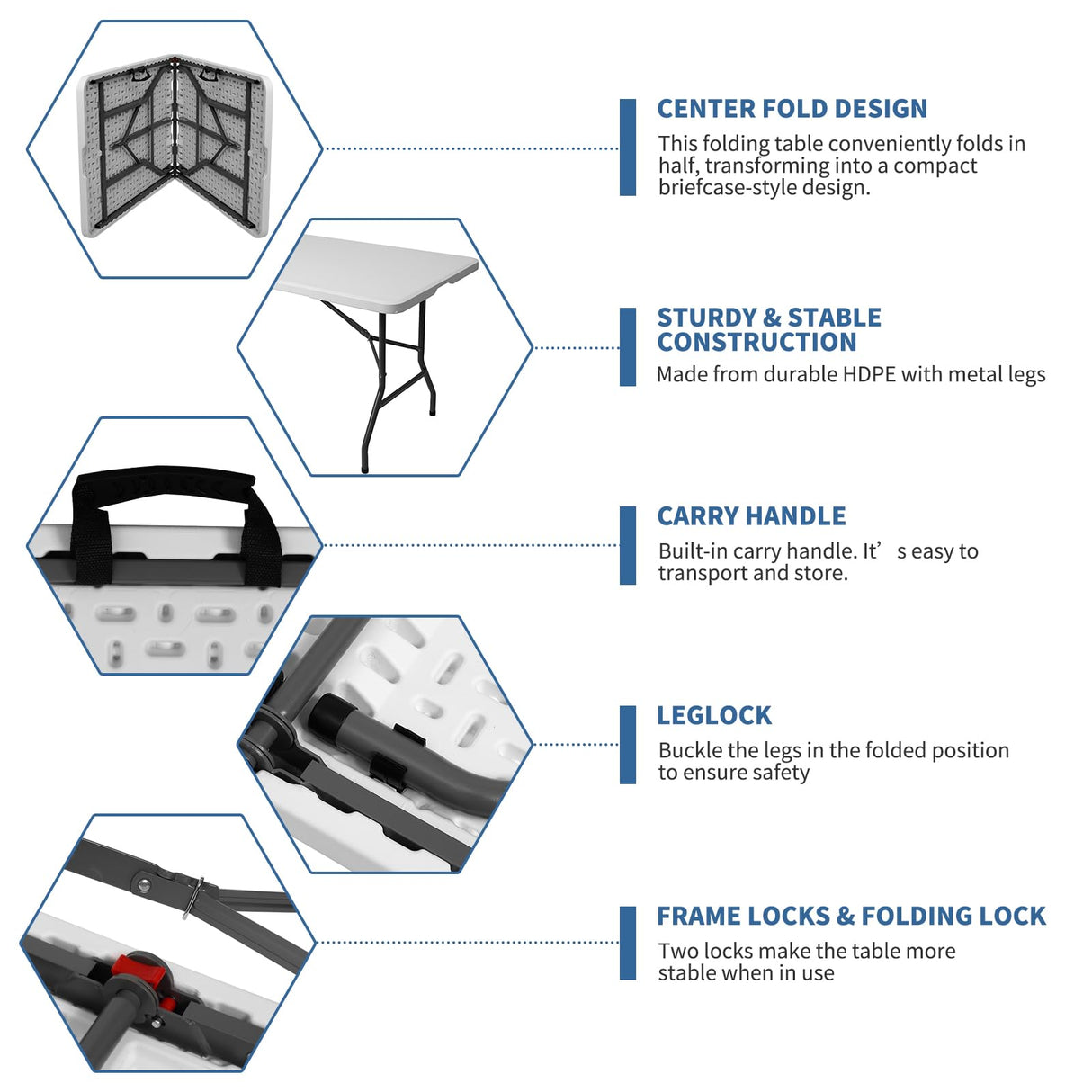 USEFULTEK Plastic Folding Table 6ft for Camping, Party, Dining, Barbecue, Picnic with Carrying Handle, Locks - White USEFULTEK