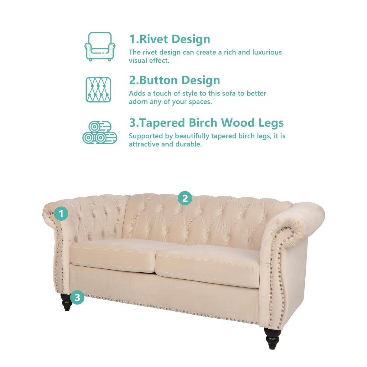 QHITTY Accent Sofa, Chesterfield Loveseat Modern Velvet Couch Upholstered Sofa with Tufted Back for Living Room Furniture (Beige) QHITTY