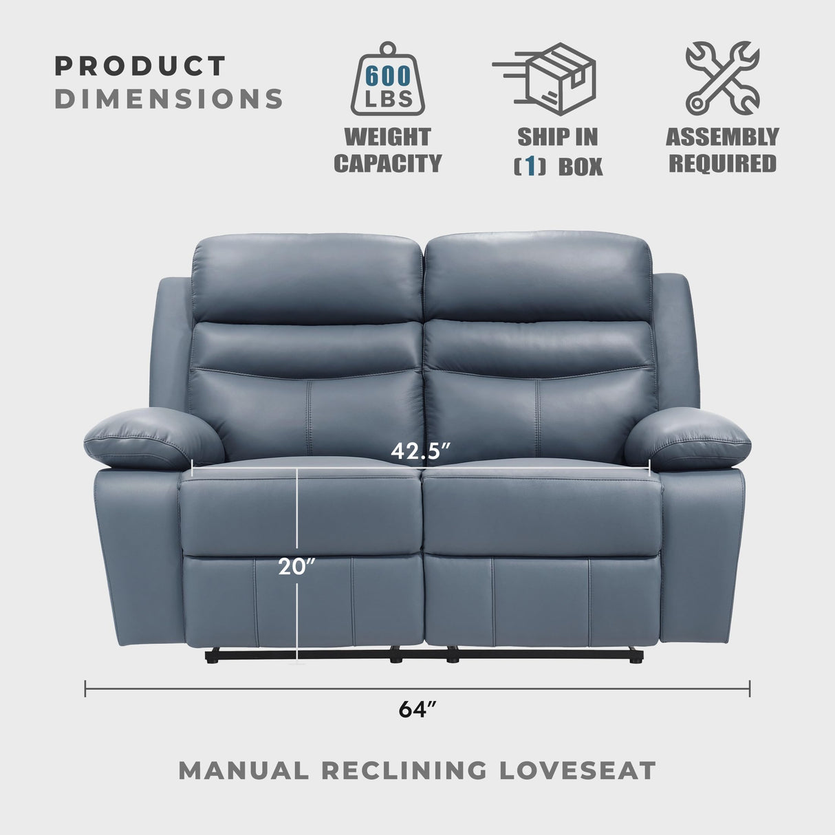 Lexicon 64" W Manual Reclining Loveseat, Top Grain Leather Match Reclining Love Seat, Home Theater Seating, Wall Hugger Recliner Couch, Manual Double Recliner RV Couch for Living Room, Blue Lexicon