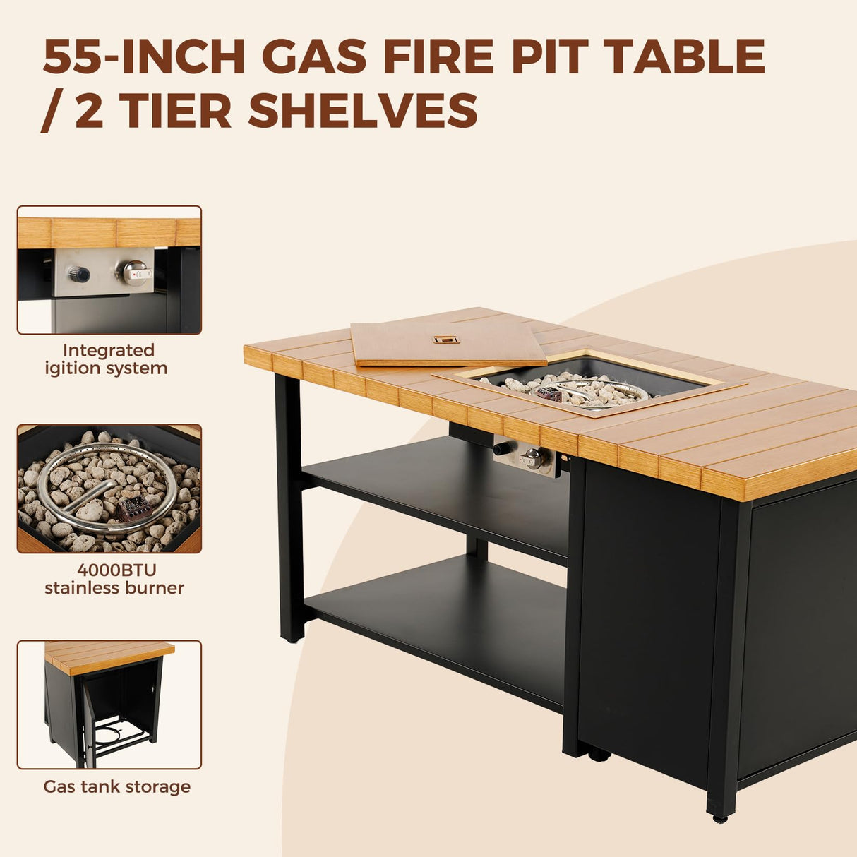 Grand patio 4-Piece Outdoor Furniture Set with Gas Fire Pit Table, Aluminum Patio Sofa Set for 8 with Faux Wood Grain Finish, Modern Patio Couch Sofa with Outdoor Bench and Chaise for Backyard Grand patio