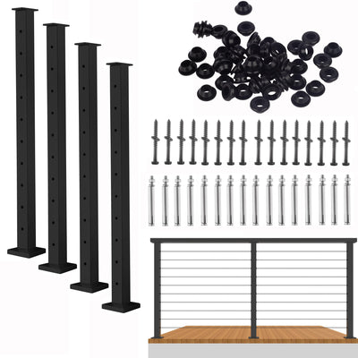 Senmit Cable Railing Post - Stainless Steel Square Fence Post for Deck Cable Railing System (36" Level-drilled-4 Pack, Black)