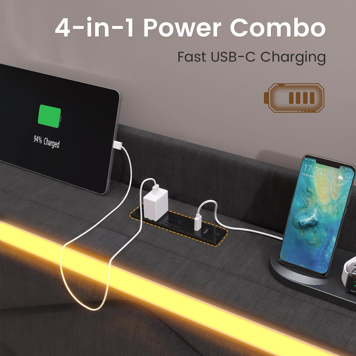 Full Bed Frame with RGB LED Lights Headboard & USB-C/A Charging Station, Modern Upholstered Platform Bed with Storage Drawers, Heavy Duty Steel Slats, No Box Spring Needed, Dark Gray BTHFST