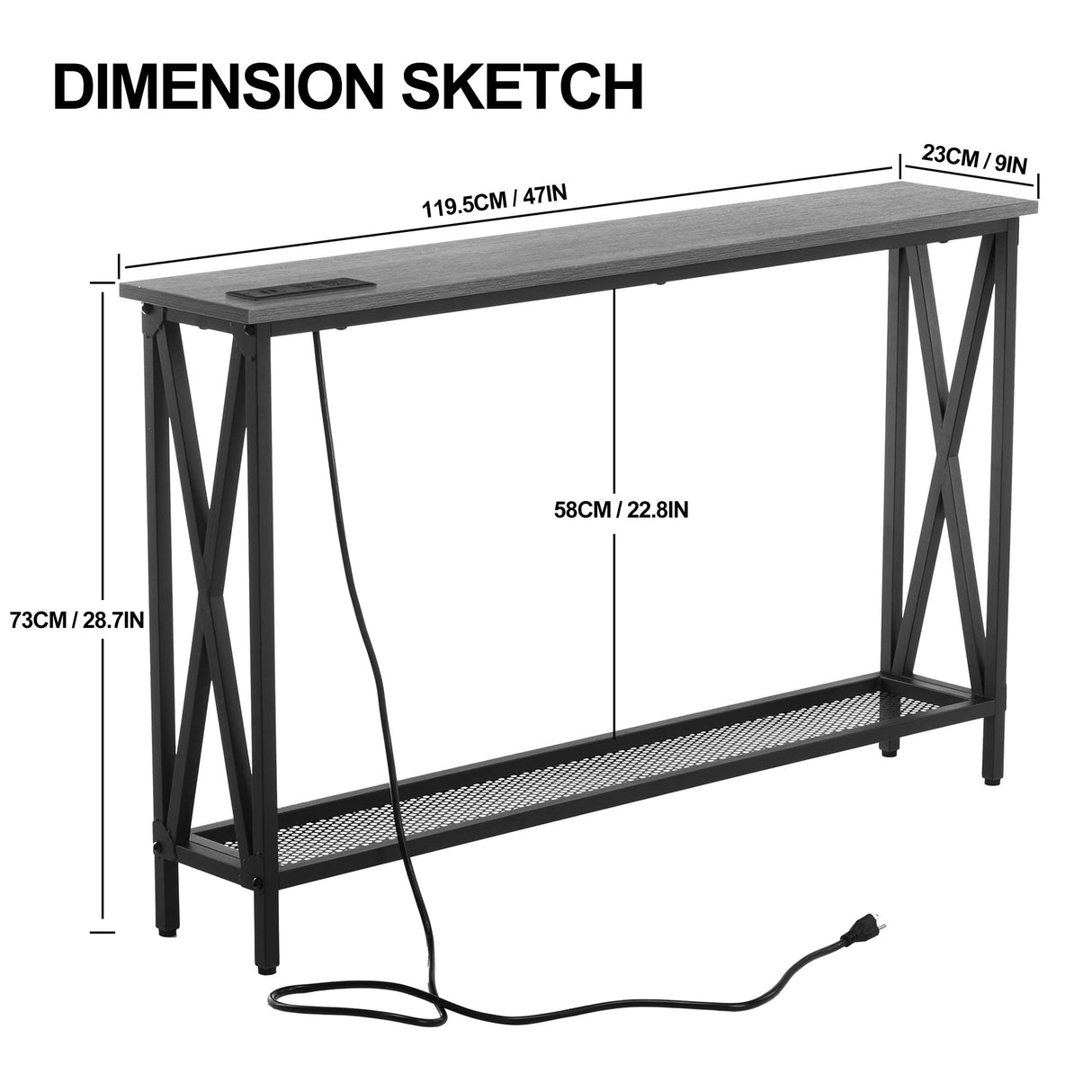 Forevich Console Table Sofa Entryway Couch Table with USB Power Outlet for Living Room Hallway Mesh Shelf 47 Inch Grey Oak Forevich