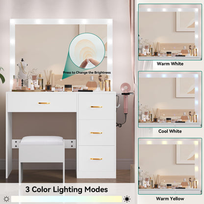 YITAHOME Makeup Vanity Table Set with Cushioned Stool, Large LED Mirror with 3 Color Lighting Modes, Power Outlets, and 4 Drawers