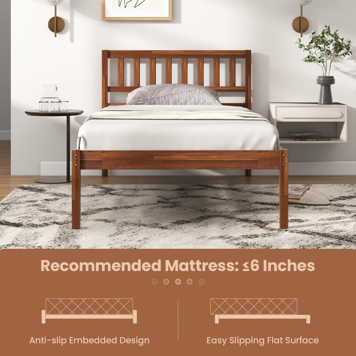 Giantex Wood Twin Bed Frame with Headboard, Mid Century Platform Bed with Wood Slat Support, Solid Wood Foundation, 12 Inch Height for Under Bed Storage, Easy Assemble, Walnut Giantex