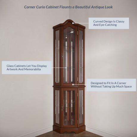 BELLEZE Lighted Corner Display Curved Top Curio Cabinet Wooden Shelving Unit with Tempered Glass Door, Bar and Liquor Storage Area with 5 Shelves - BELLEZE