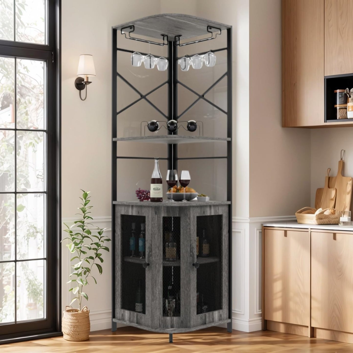 Corner Bar Cabinet, 69" Tall Wine Storage Cabinet with Adjustable Shelf, Industrial Home Display Liquor Cabinet with Glass Holder&Mesh Door, Wine Rack for Dining Room, Kitchen, Living Room (Grey)