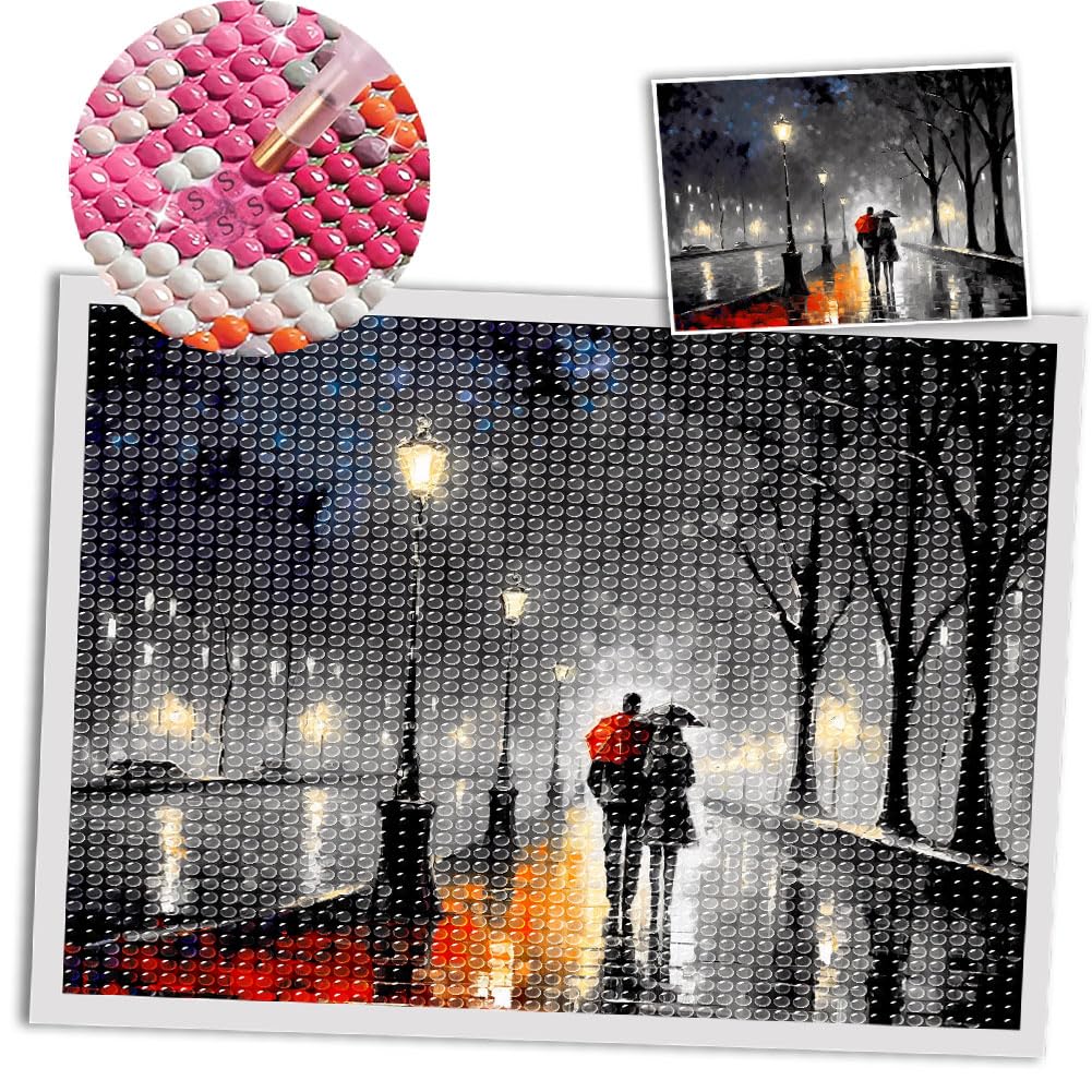 COGNOO Minimalistic Room Diamond Art Painting,Romantic Diamond Art Painting,Painting of a Couple Walking in The rain,Glowing Lights,Colorful Muralist,Romantic Scenery, COGNOO