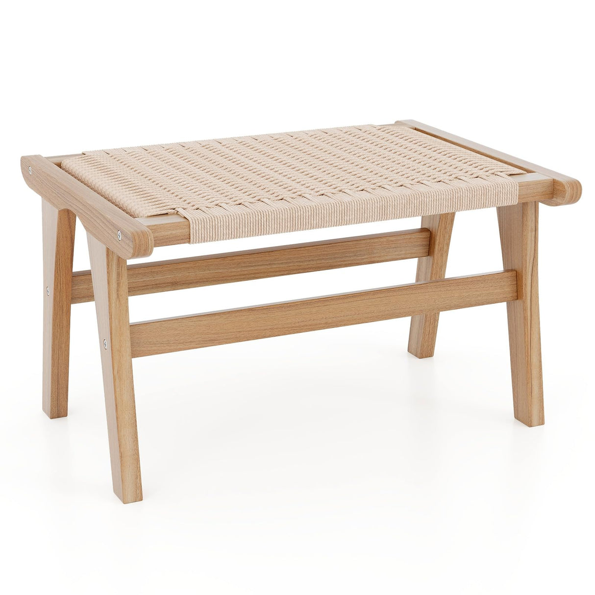 Tangkula Teak Wood Ottoman Footstool, Natural Teak Wooden Foot Rest with Braided Rope for Living Room Bedroom Office, 14" H, Indoor (1) Tangkula