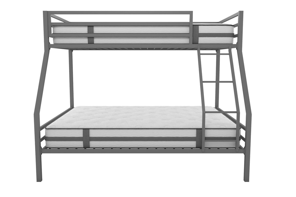 Novogratz Maxwell Metal Bunk Bed Frame for Kids and Teens, with Angled Ladder, High Guardrail and Metal Slats, No Boxspring Required, Underbed Storage Space, Twin-Over-Full, Gray Novogratz