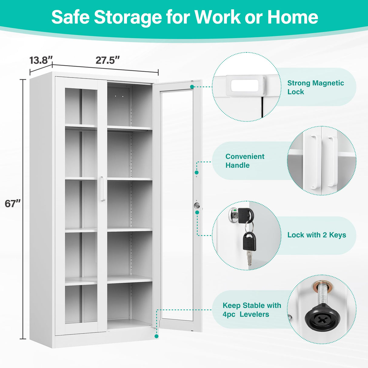 Metal Storage Cabinet with Lock and Glass Doors,Glass Display Cabinet,67" Tall White Storage Cabinets,Locking Curio Cabinets with 5 Shelves for Collectibles,Home,Office,Living Room SISESOL
