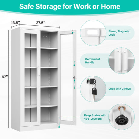 Metal Storage Cabinet with Lock and Glass Doors,Glass Display Cabinet,67" Tall White Storage Cabinets,Locking Curio Cabinets with 5 Shelves for Collectibles,Home,Office,Living Room SISESOL