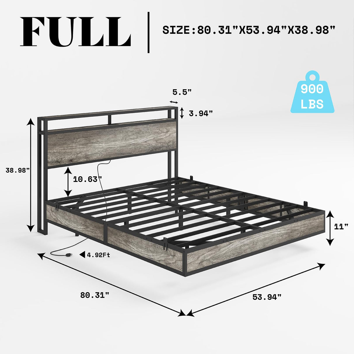 Full Size Floating Bed Frame with LED Headboard, Storage & Charging Station in Rustic Grey AMERLIFE