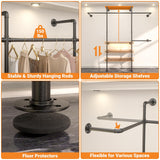 Cyclysio Industrial Pipe Clothing Rack, Reversible 7.25FT Wall Mounted Clothes Rack, Heavy Duty Garment Racks Closet Wardrobe with LED Lights& Shelves, Walk-in Closet System, Brown Cyclysio