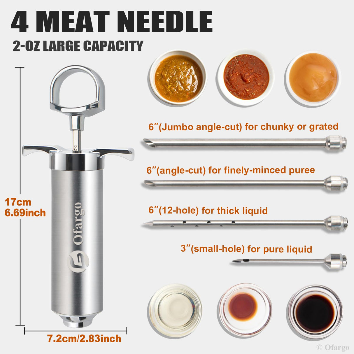 Ofargo 304-Stainless Steel Meat Injector Syringe Kit with 4 Marinade Needles for BBQ Grill Smoker, 2-oz Large Capacity, Both Paper User Manual and E-Book Recipe OFG