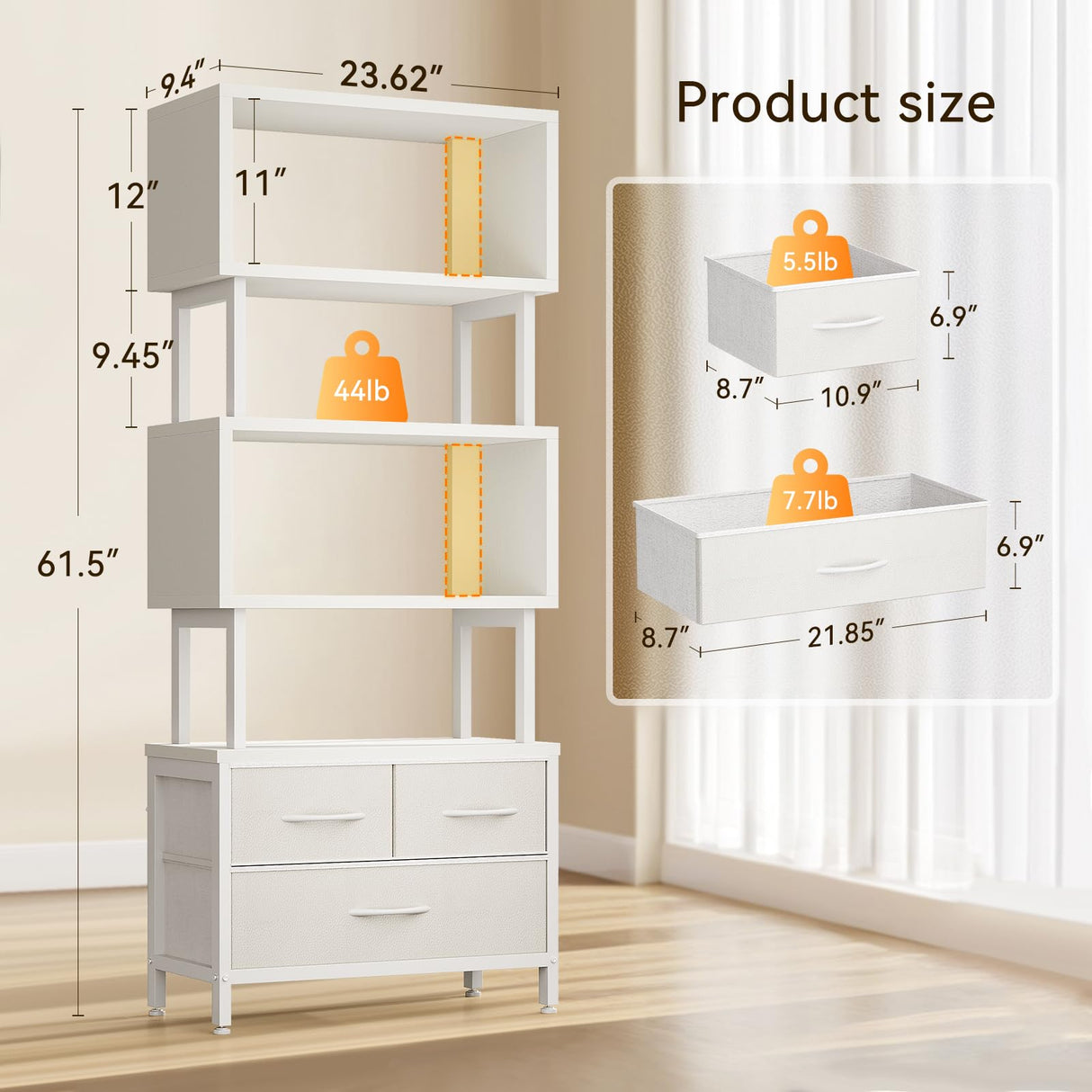 Casaottima 7 Tier Bookshelf, Tall Geometric Bookcase with Fabric Drawers, Modern Display Book Shelves Book Case for Living Room Bedroom, Wood Decorative Standing Shelving Unit for Home Office, White Casaottima