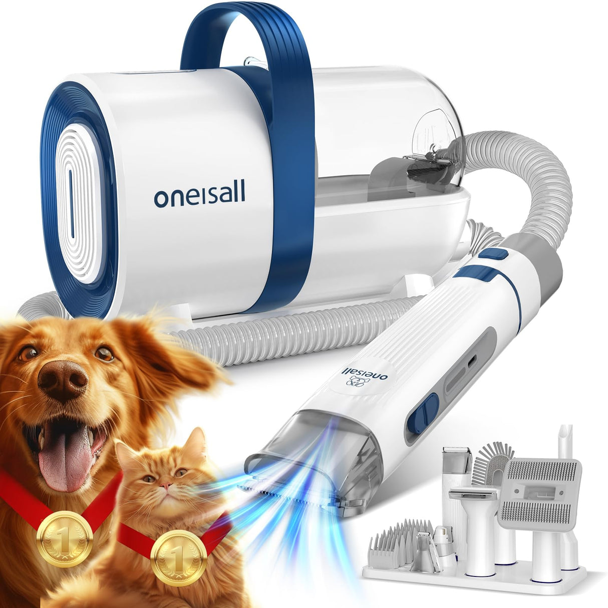 oneisall Dog Hair Vacuum & Dog Grooming Kit, Pet Grooming Vacuum with Pet Clipper Nail Grinder, 1.5L Dust Cup Dog Brush Vacuum with 7 Pet Grooming Tools for Shedding Pet Hair, Home Cleaning oneisall
