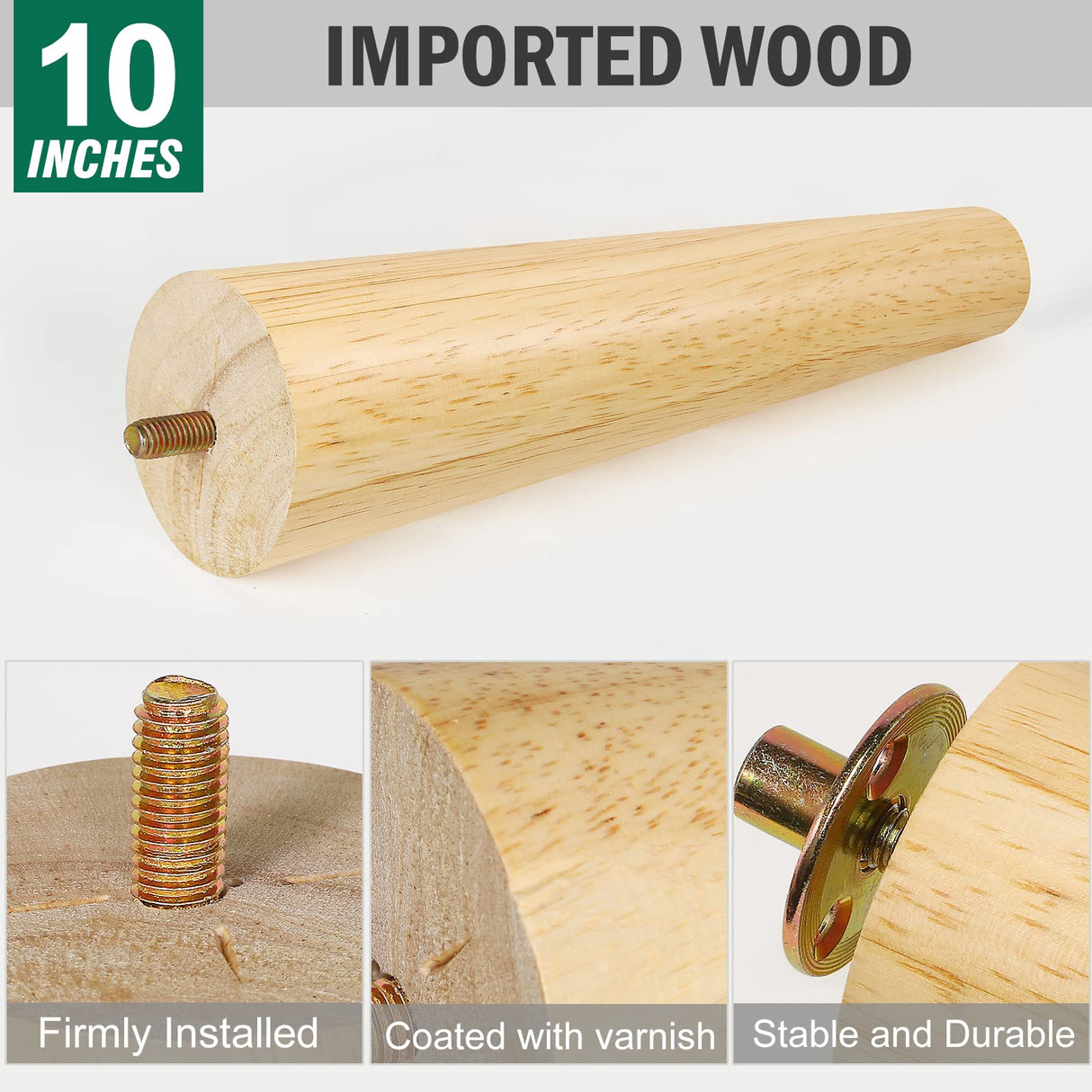 FoDau770 Rubber Wood Furniture Legs 10 Inches, Straight Tapered Wood Legs Mid Century Sofa Legs Set of 4, 5/16" UNC Furniture Feet Replacement Legs for Cabinet Sofa Couch Dresser Chair Ottoman Table FoDau770