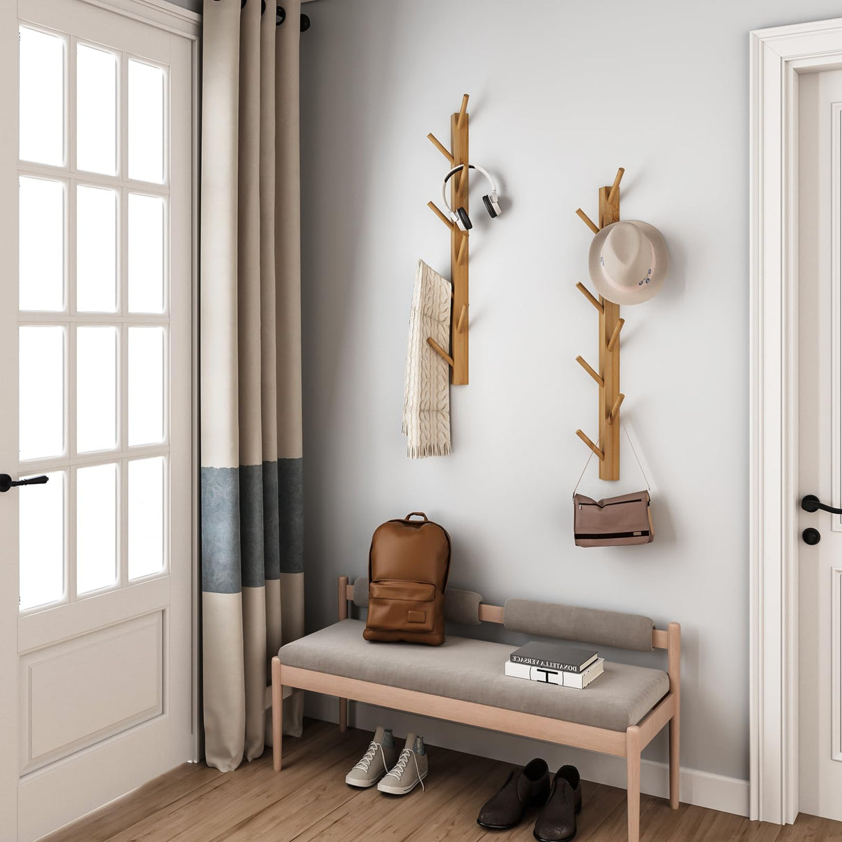 TIOPGHAD 2-Pack Wood-Wall-Mounted-Coat-Hooks, Bamboo Vertical Coats Rack Holder Hanger with 8 Hooks Entryway Hanging Wooden Racks for Hanging Jacket Coat Hat in Entryway Office Bathroom(Natural) TIOPGHAD