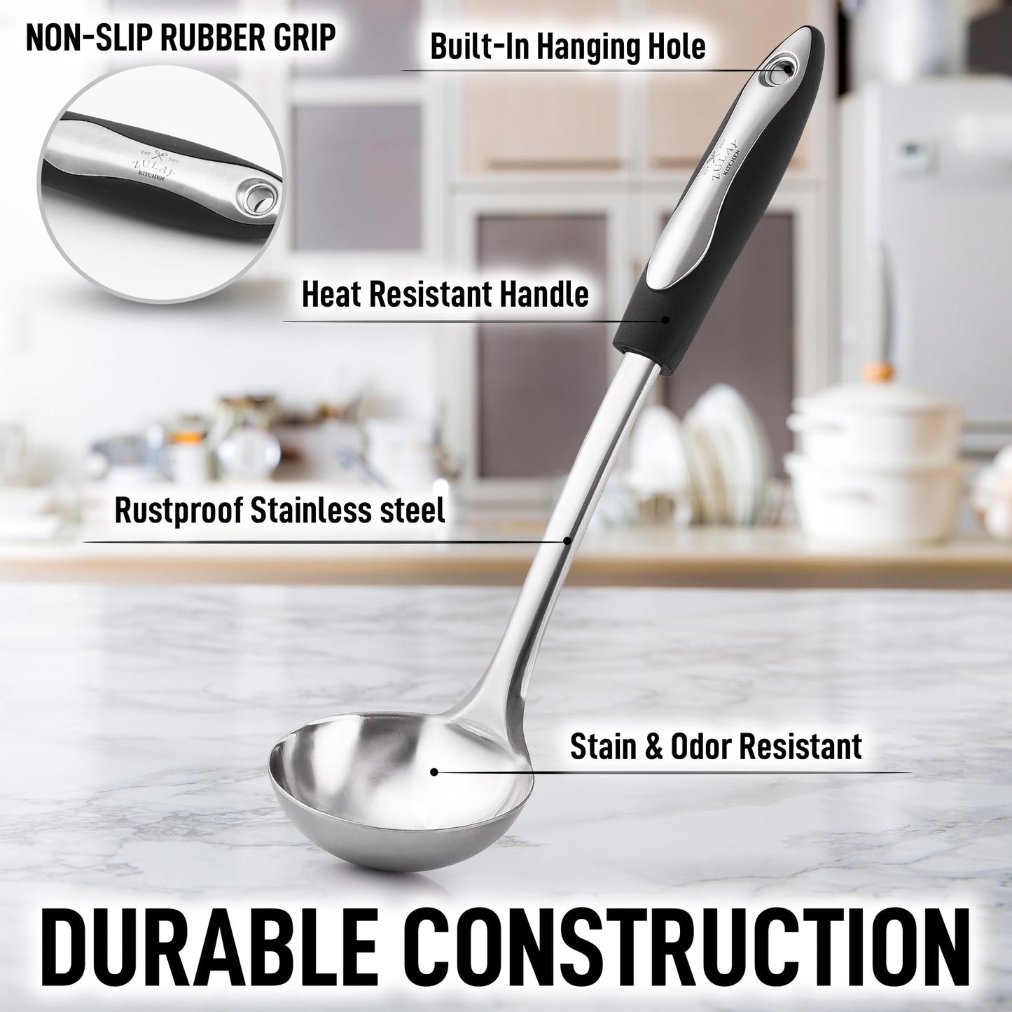 Zulay Kitchen Stainless Steel Cooking Utensil - Stainless Steel Kitchen Utensil - Durable Kitchen Gadgets - Metal Kitchen Accessories - Easy to Clean Kitchen Tools - 12" Soup Ladle